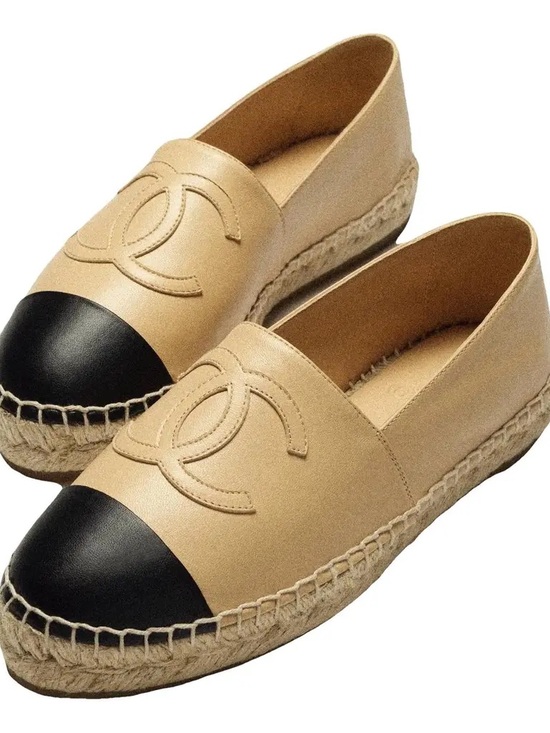 CHANEL Shoes - CHANEL Beige/Black Lambskin CC logo Espadrilles Flats | size 37